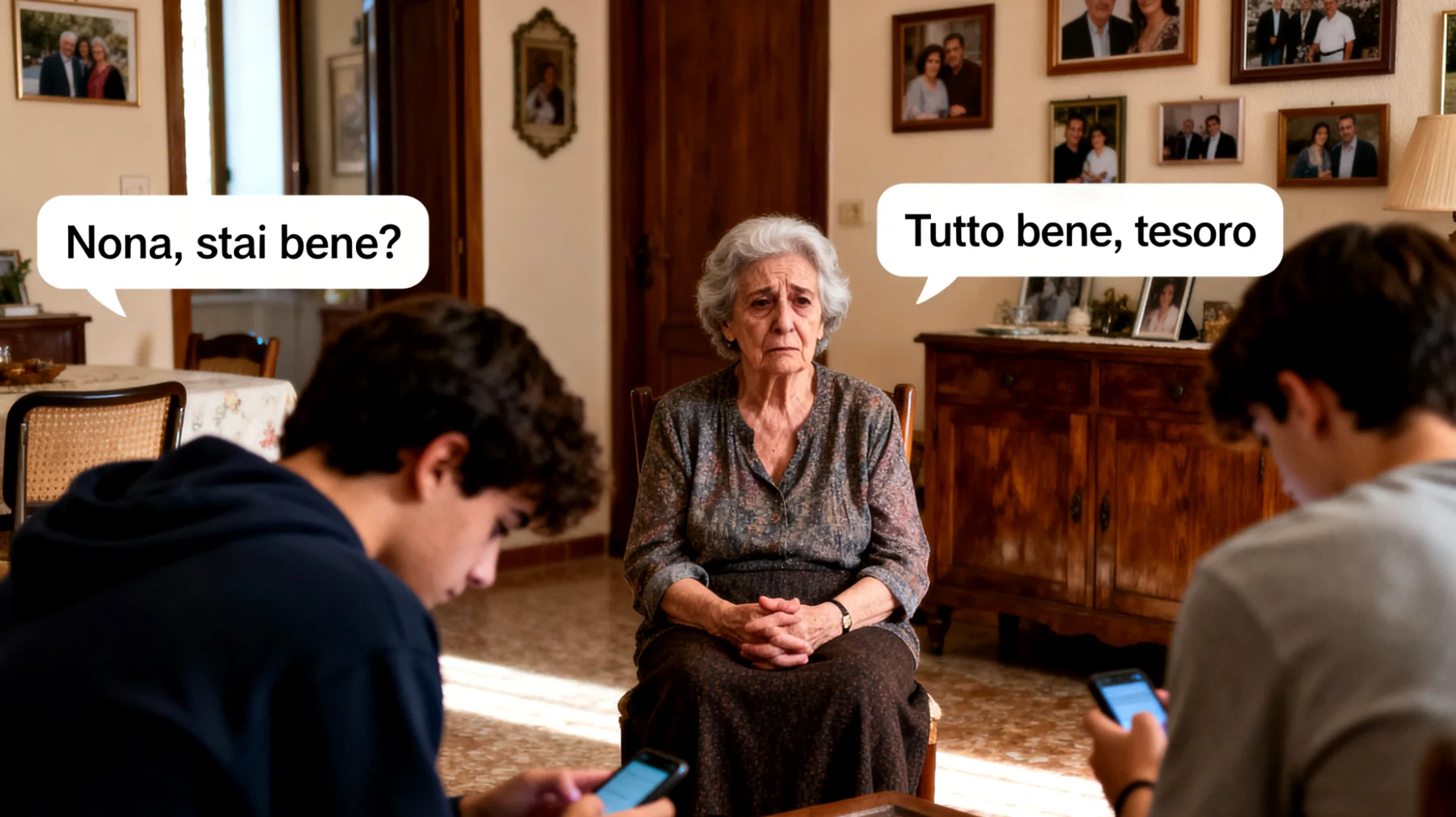 Nonna che fatica a instaurare un dialogo affettivo profondo con i nipoti giovani adulti, sentendosi distante e incapace di esprimere emozioni e affetto in modo che risulti significativo per loro"